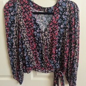 American Eagle Outfitters Black Floral Wrap Top with Pink & Blue Flowers
